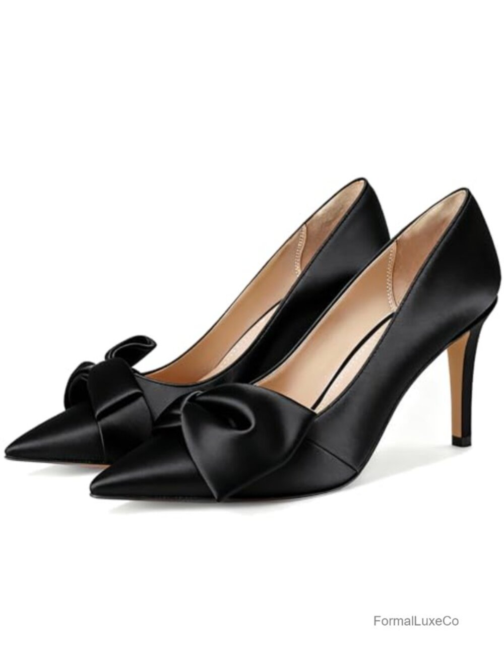 Bow Heels Closed Pointed Toe Pumps 3.3" Stiletto High Heels Slip on Wedding